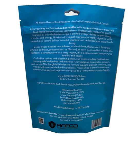 Freeze Dried Dog Food - Homestyle Beef and Rice w/ pumpkin, carrots, and spinach.