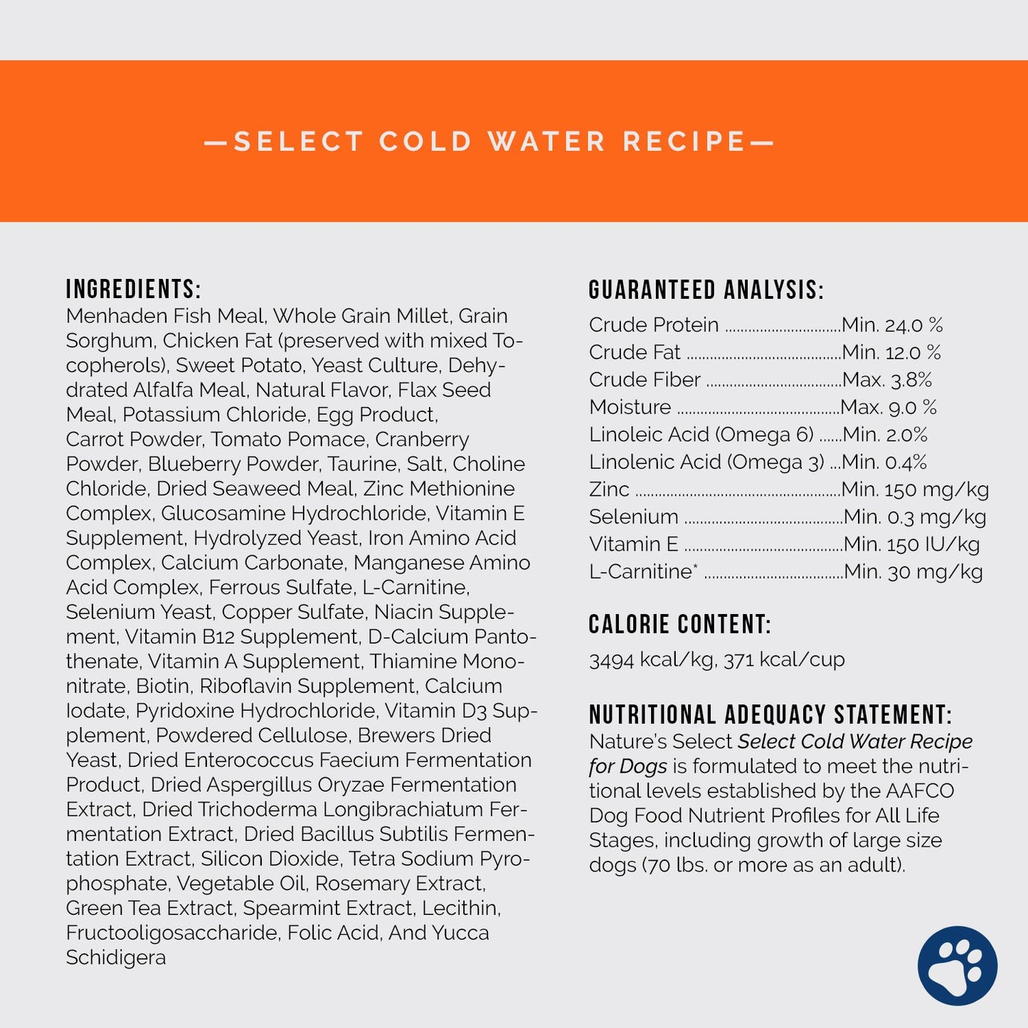 Nature's Select Dry Dog Food Ingredient card for cold water white fish recipe | White Fish and Sweet Potato Dry Dog Food | Best dog food | Best dog kibble | Cold water dog food recipe | white fish dog food | sweet potato dog food