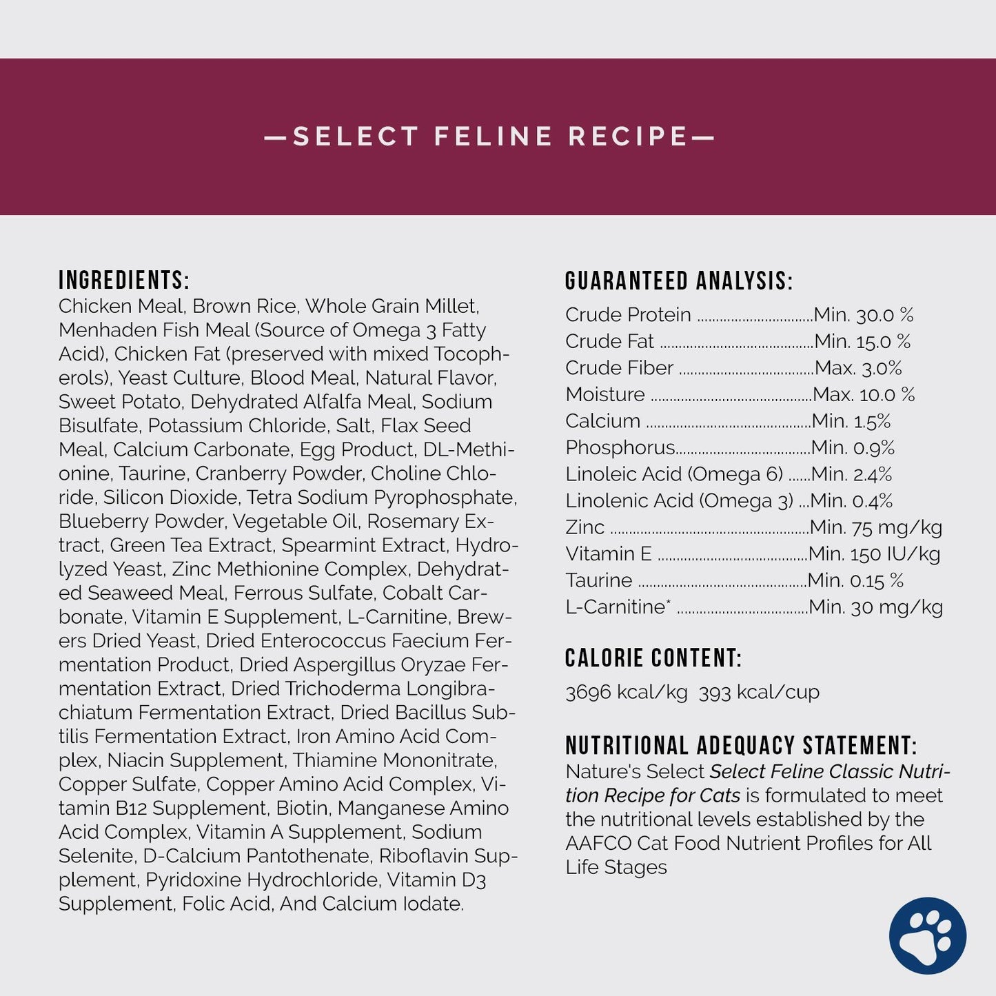 Feline recipe cat food ingredient card and breakdown | Feline Classic Chicken & Fish Recipe | Nature's Select Dry Cat Food | Dry cat food | best dry cat food | chicken and fish dry cat food | chicken and fish dry food | fish dry cat food | chicken dry cat food