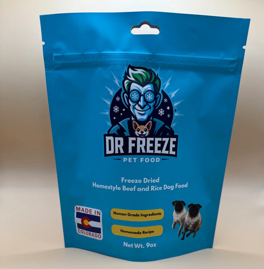 Freeze Dried Dog Food - Homestyle Beef and Rice w/ pumpkin, carrots, and spinach.