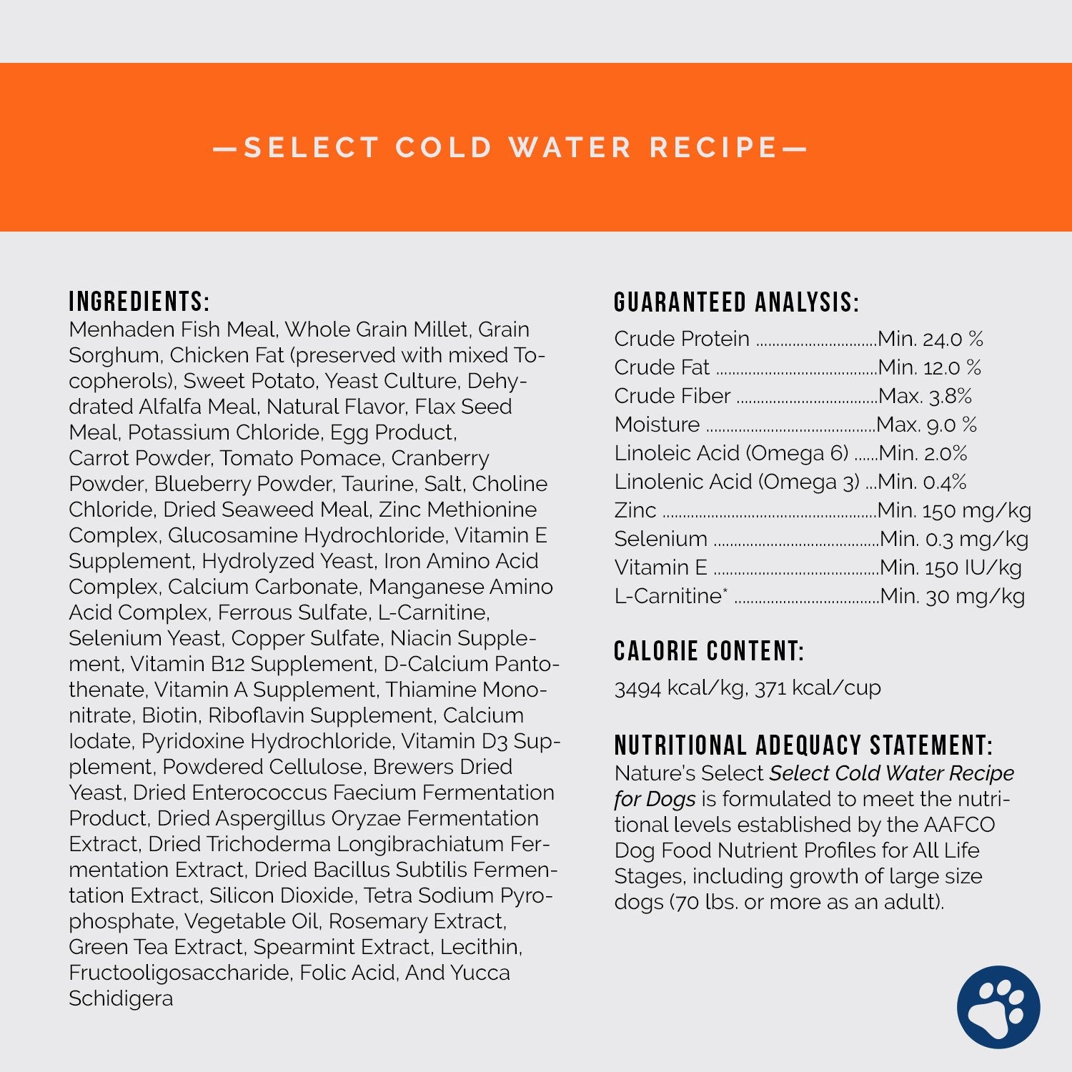 Nature's Select Dry Dog Food Ingredient card for cold water white fish recipe | White Fish and Sweet Potato Dry Dog Food | Best dog food | Best dog kibble | Cold water dog food recipe | white fish dog food | sweet potato dog food