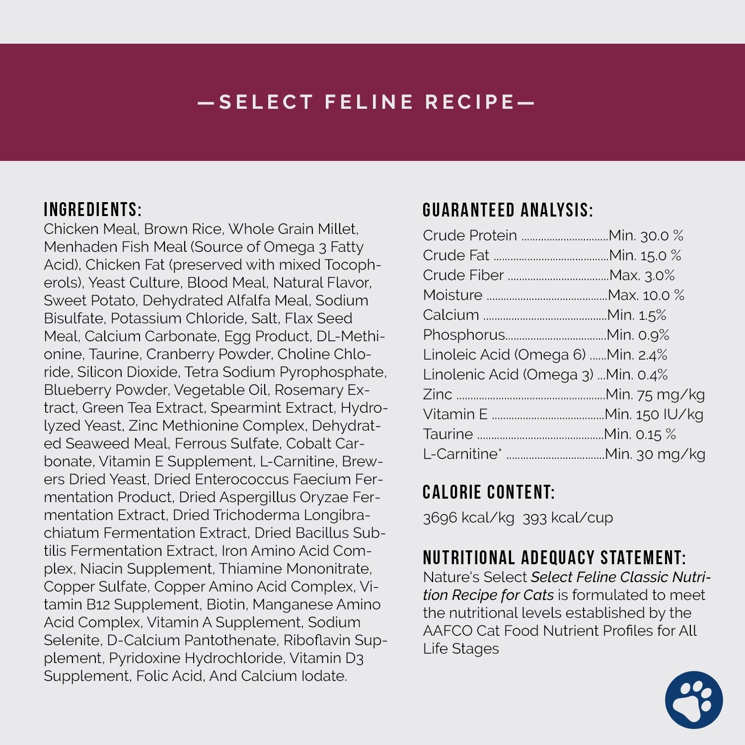 Feline recipe cat food ingredient card and breakdown | Feline Classic Chicken & Fish Recipe | Nature's Select Dry Cat Food | Dry cat food | best dry cat food | chicken and fish dry cat food | chicken and fish dry food | fish dry cat food | chicken dry cat food