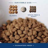 Dog kibble size comparison chart - classic or grain free puppy | Nature's Select dry dog food | Dry dog food bag | Chicken & rice dog food | Best natural dry dog food | dry dog food subscription | dog kibble | best kibble for dogs | high protein dog food | best senior dog food | chicken and rice dog food 